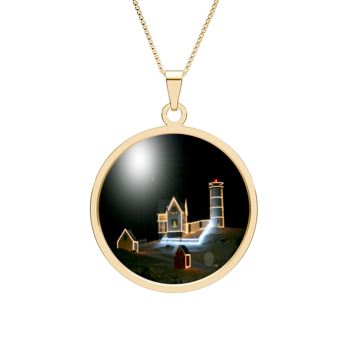Round Photo Pendant Necklace – Christmas Lights at Nubble Light Keepsake