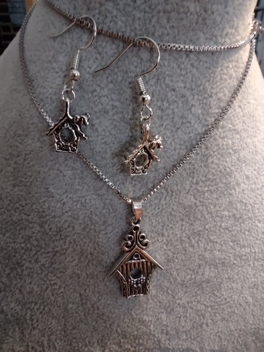 Bird House Necklace and Earrings