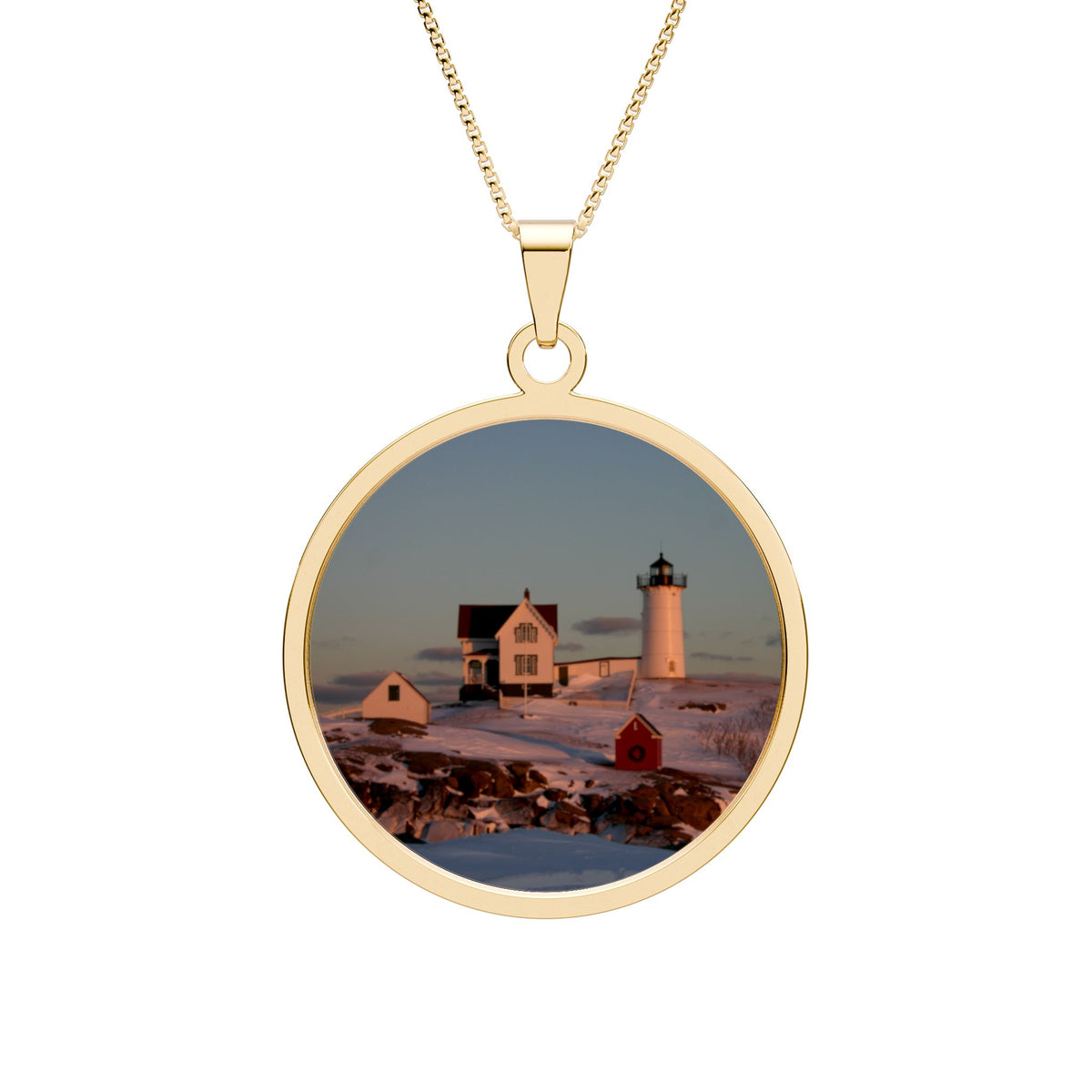 Winter at Nubble Light, Round Photo Pendant Necklace – Coastal Lighthouse Keepsake Jewelry