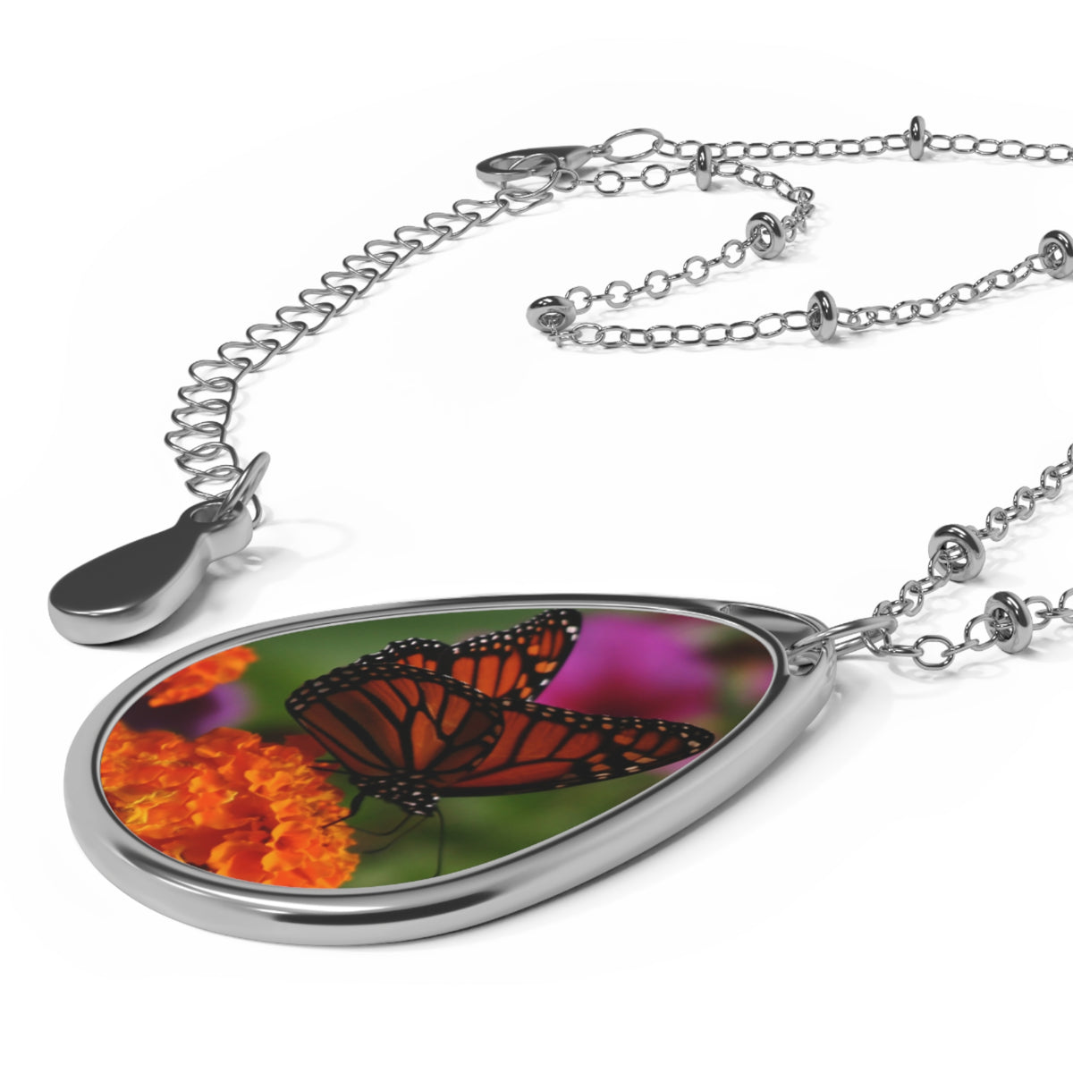 Monarch Butterfly Floral Oval Necklace