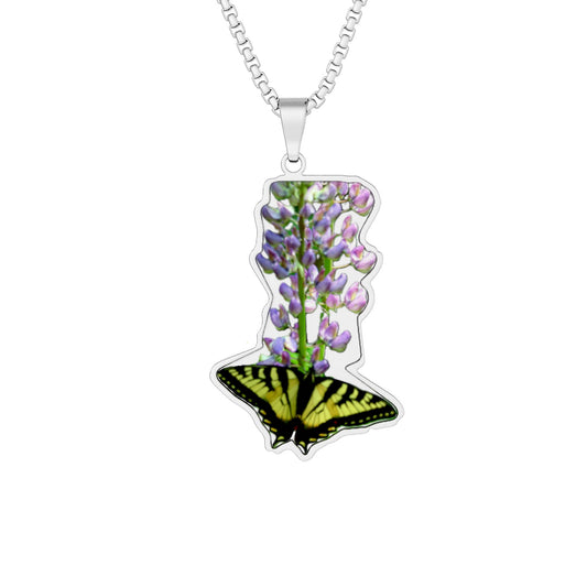 Maine Lupine and Yellow Swallowtail Butterfly Photo Pendant Necklace