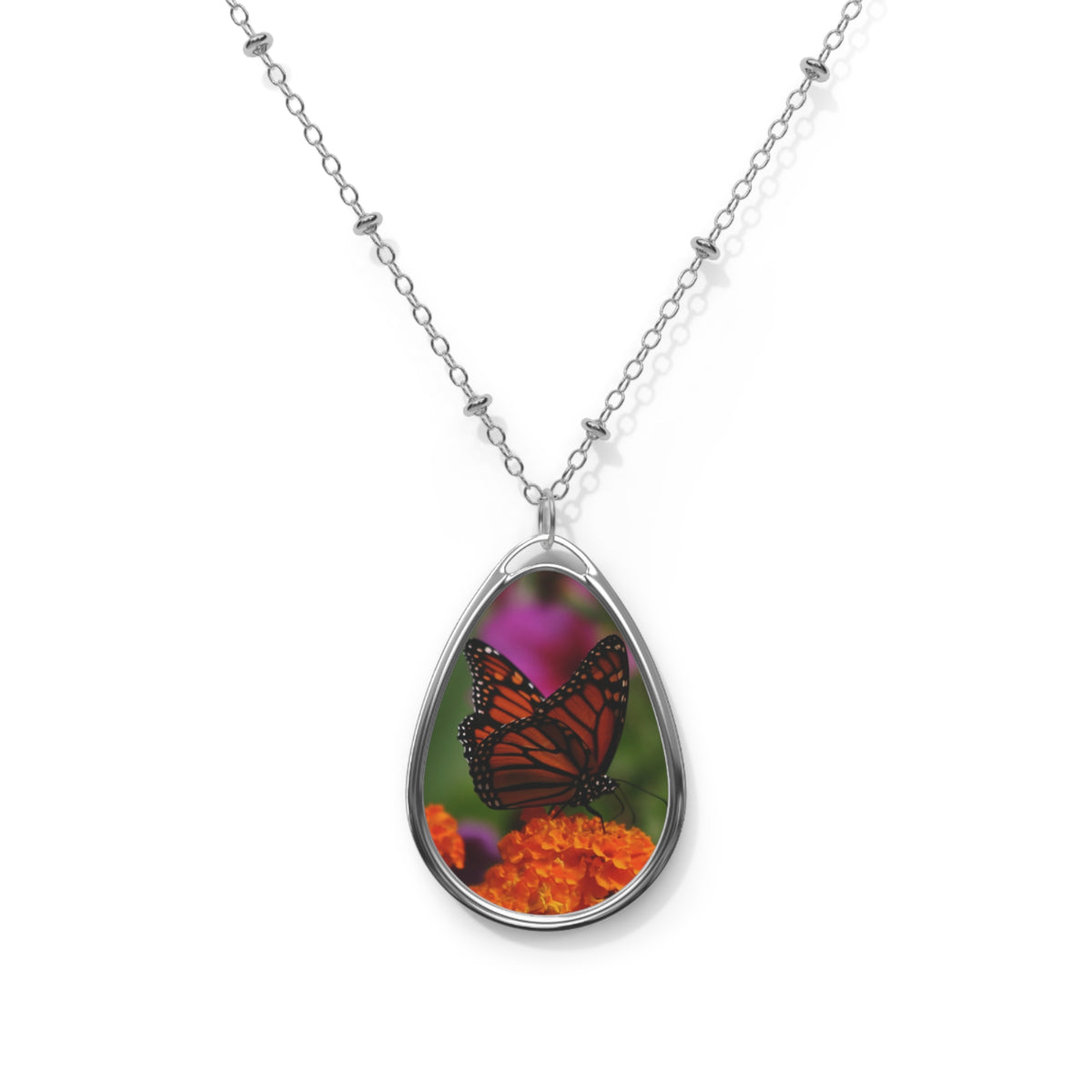 Monarch Butterfly Floral Oval Necklace