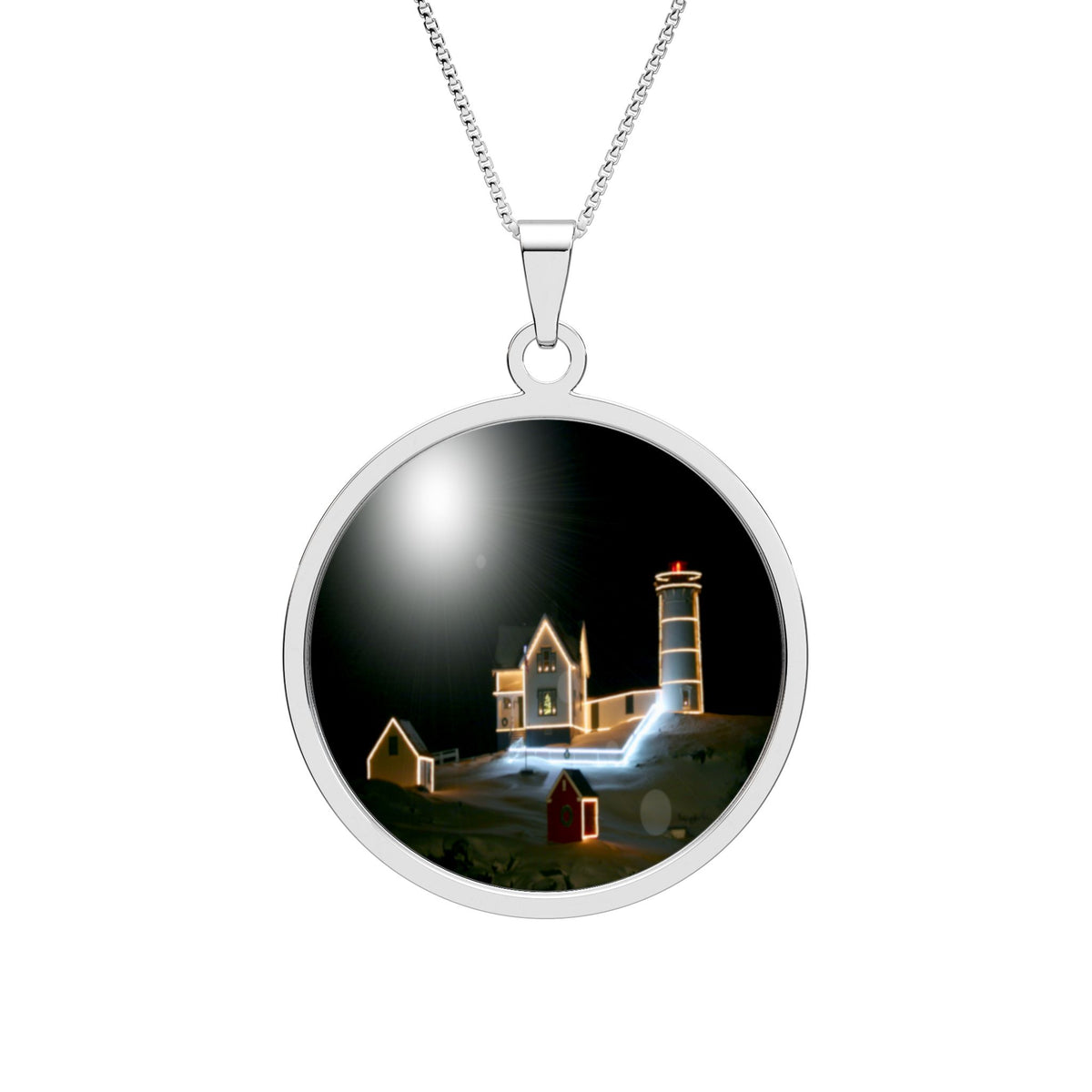 Round Photo Pendant Necklace – Christmas Lights at Nubble Light Keepsake