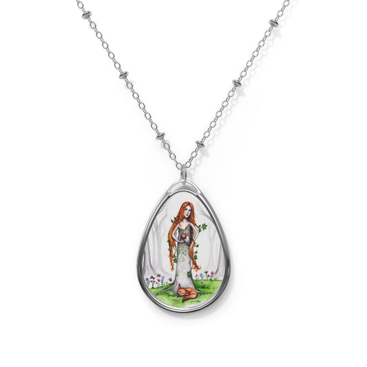 Mystical Red-Haired Forest Woman Oval Necklace